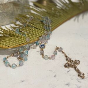 Handmade Pink/Blue Rosary with Gold Accents